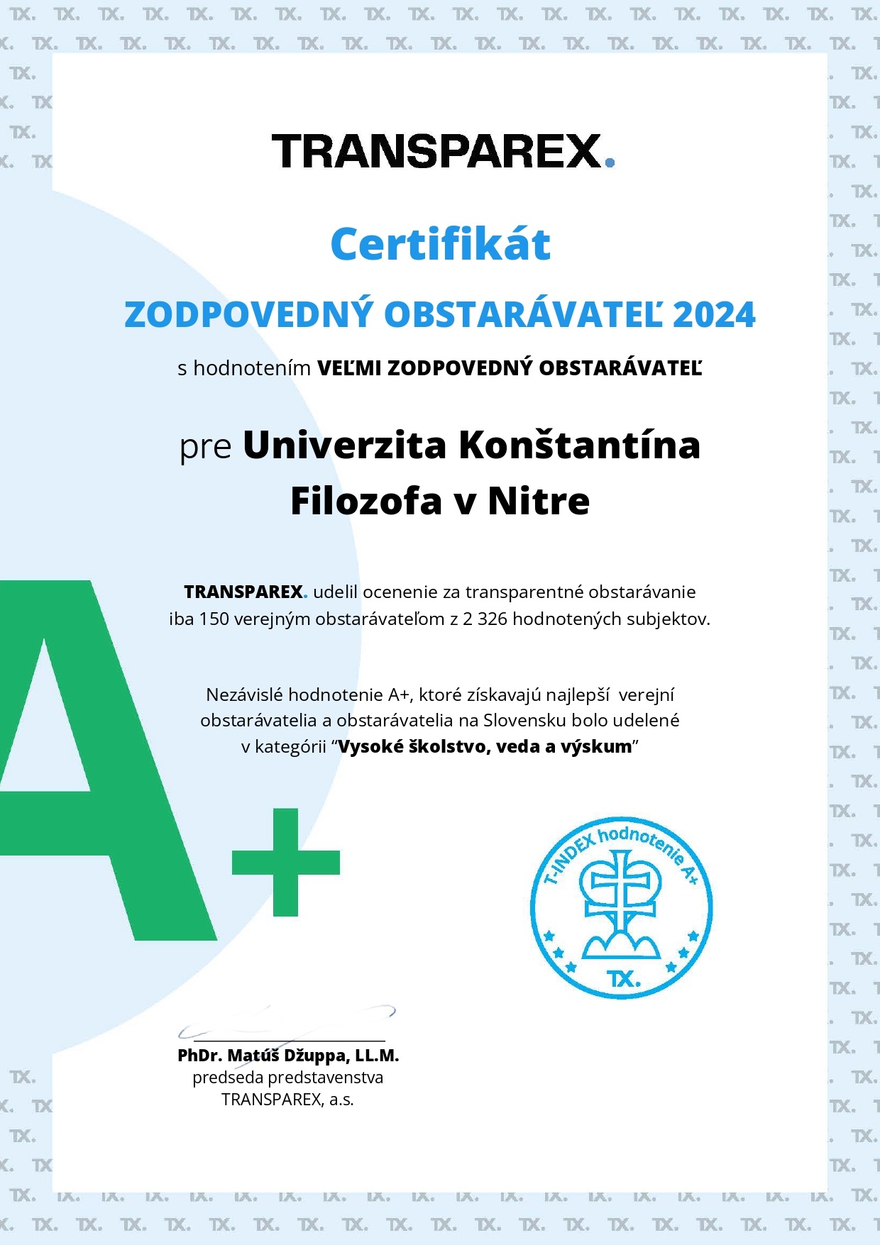 UKF získala ocenenie Zodpovedný obstarávateľ 1 Certifikát zodpovedný obstarávateľ 2024 web